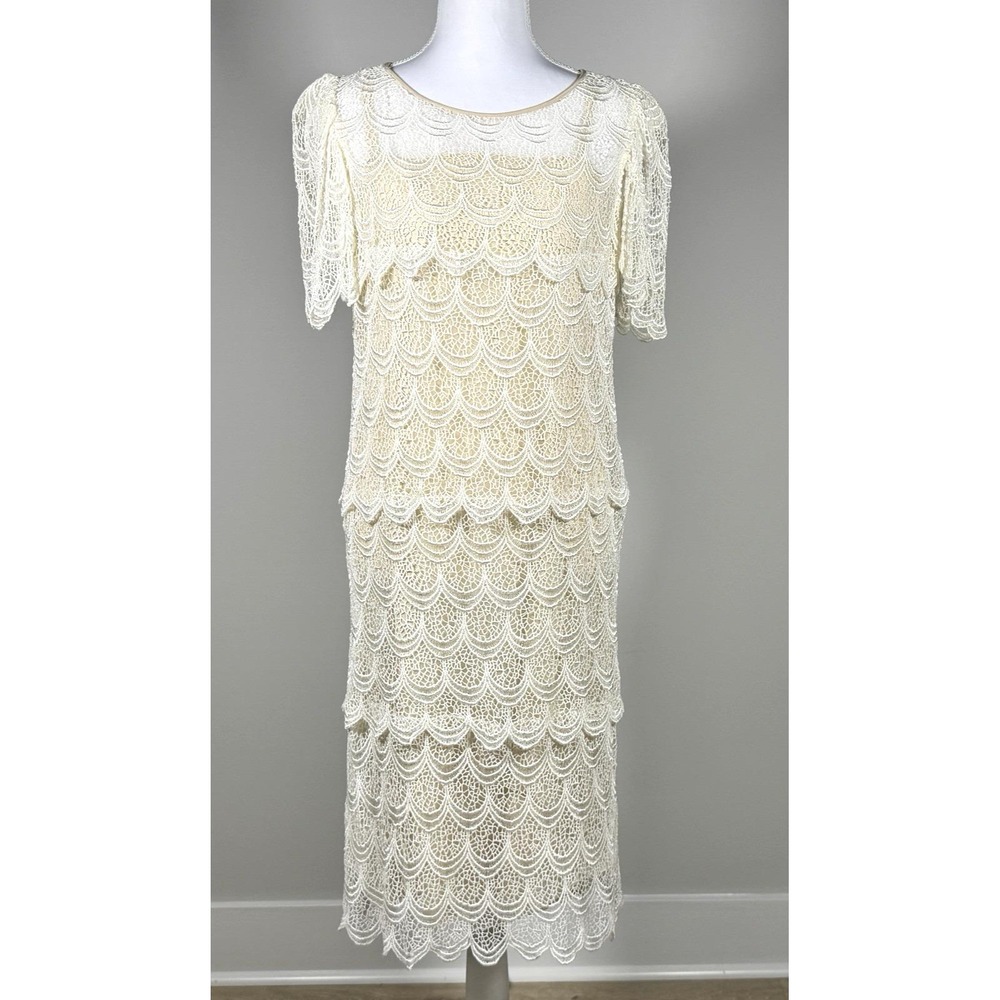 Vintage Ivory Champagne Scalloped‎ Lace Lined Dress Size 8 S/M Flapper Bridal